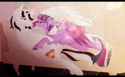 Size: 3840x2376 | Tagged: safe, artist:nyota71, twilight sparkle, oc, oc:prince slayer, alicorn, pony, g4, alternate design, canon x oc, colored hooves, colored pupils, colored wings, commission, couch, female, high res, leonine tail, looking at each other, lying down, male, mare, romantic, shipping, smiling, stallion, straight, twilight sparkle (alicorn), unshorn fetlocks, wings