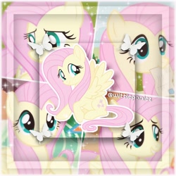 Size: 2560x2560 | Tagged: safe, edit, edited screencap, editor:wittleponiez, screencap, fluttershy, butterfly, pegasus, pony, g4, collage, cute, happy, high res, instagram, photoshop, pink, shyabetes, sparkles, wings