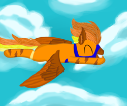 Size: 1500x1250 | Tagged: safe, artist:windy, oc, oc only, oc:windflyer, pegasus, pony, blue sky, cloud, day, eyes closed, flying, grin, male, outdoors, outfit, pegasus oc, sky, smiling, solo, spread wings, stallion, two toned wings, wings
