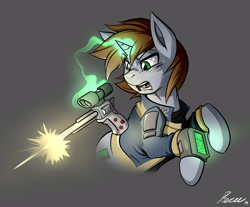 Size: 2300x1900 | Tagged: dead source, safe, artist:whitepone, oc, oc only, oc:littlepip, pony, unicorn, fallout equestria, clothes, eyes open, fanfic, fanfic art, female, glowing horn, green eyes, gun, handgun, horn, jumpsuit, little macintosh, magic, mare, pipboy, pipbuck, revolver, shooting, simple background, solo, telekinesis, vault suit, weapon