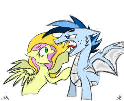 Size: 1200x975 | Tagged: safe, artist:souleater-love, oc, oc only, oc:acapelle, oc:cobalt blade, dracony, hybrid, pegasus, pony, duo, female, interspecies offspring, male, mare, offspring, open mouth, parent:bulk biceps, parent:fluttershy, parent:rarity, parent:spike, parents:flutterbulk, parents:sparity, sharp teeth, simple background, teeth, tongue out, white background