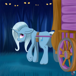 Size: 1280x1280 | Tagged: safe, artist:joaothejohn, trixie, pony, unicorn, g4, carriage, eye, eyes, floppy ears, frog (hoof), looking back, night, trixie's wagon, underhoof