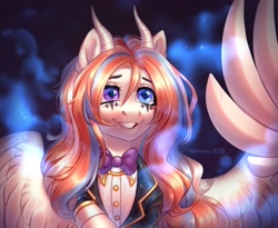 Size: 3300x2700 | Tagged: safe, artist:fenwaru, oc, oc only, pegasus, pony, bowtie, clothes, high res, horns, jacket, magic, shirt, smiling, spread wings, suit, wings