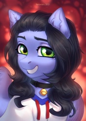 Size: 2480x3507 | Tagged: safe, artist:fenwaru, oc, oc only, oc:skiu, pegasus, pony, bell, bell collar, clothes, collar, grin, high res, hoodie, looking at you, smiling, solo