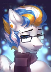 Size: 2480x3507 | Tagged: safe, artist:fenwaru, oc, oc only, oc:alan techard, pegasus, pony, aperture science, clothes, ear piercing, earring, glasses, heterochromia, high res, jewelry, piercing, portal (valve), scarf, smiling, solo