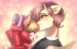 Size: 3800x2400 | Tagged: safe, artist:fenwaru, oc, oc only, pegasus, pony, blushing, bow, eyes closed, female, hair bow, happy, high res, horns, male, open mouth, smiling, straight