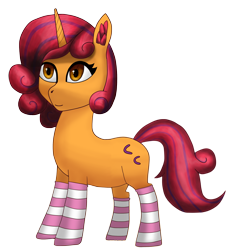 Size: 2431x2640 | Tagged: safe, artist:vezja, oc, oc only, oc:burnside fervor, pony, unicorn, clothes, commission, curly hair, ear fluff, female, food, high res, mare, orange, simple background, socks, solo, striped socks, transparent background