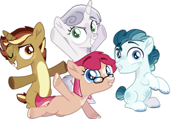 Size: 2329x1610 | Tagged: safe, artist:rickysocks, oc, oc only, oc:adagio lavender swirl, oc:arctic chill, oc:fuchsia fog, oc:nerf bolt, earth pony, pony, unicorn, colt, earth pony oc, female, filly, glasses, horn, magical gay spawn, male, offspring, parent:button mash, parent:dinky hooves, parent:double diamond, parent:party favor, parents:chipbelle, parents:dinkymash, parents:partydiamond, parents:quibblesky, simple background, transparent background, unicorn oc