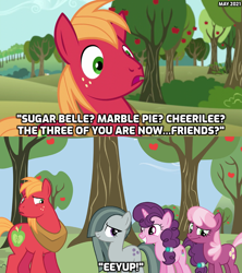 Size: 1280x1440 | Tagged: safe, artist:not-yet-a-brony, big macintosh, cheerilee, marble pie, sugar belle, earth pony, pony, unicorn, g4, hard to say anything, 2021, apple, apple tree, awkward, dialogue, eeyup, episode reference, female, friends, friendship, husband and wife, male, smiling, sweet apple acres, tree, uh oh, youtube link