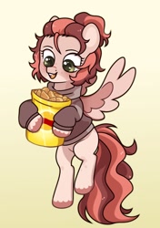 Size: 1354x1926 | Tagged: safe, artist:futoomoidasena1, pegasus, pony, chips, clothes, flying, food, happy, hoodie, open mouth, potato chips, smiling, solo, spread wings, wings