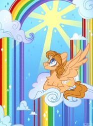 Size: 1518x2048 | Tagged: safe, artist:n in a, oc, oc only, oc:the brony chef, pegasus, pony, cloud, lying down, lying on a cloud, on a cloud, rainbow, rainbow waterfall, smiling, spread wings, sun, wings