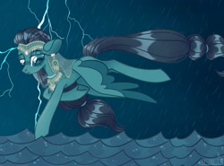 Size: 2048x1518 | Tagged: safe, artist:n in a, oc, oc only, oc:aqua borealis, pegasus, pony, flying, frown, lightning, ocean, rain, sad, solo, spread wings, water, wings