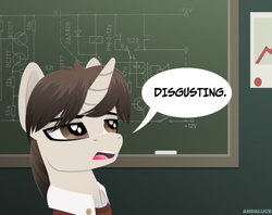 Size: 2620x2071 | Tagged: safe, artist:andaluce, oc, oc only, oc:sepher gray, pony, unicorn, chalkboard, circuit, clothes, foal, high res, horn, lineless, male, reaction image, solo, stallion, unicorn oc