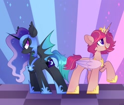 Size: 2048x1727 | Tagged: safe, artist:n in a, nightmare moon, princess cadance, oc, oc only, oc:delusive rose, oc:moondrive, bat pony, pony, unicorn, g4, clothes, costume, fake cutie mark, fake horn, fake wings, rubronycon, smiling, spread wings, wings