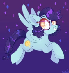 Size: 1945x2048 | Tagged: safe, artist:n in a, oc, oc only, pegasus, pony, flying, glasses, grin, looking at you, smiling, solo, spread wings, wings