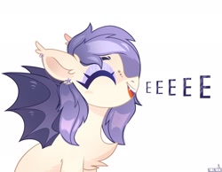 Size: 2048x1592 | Tagged: safe, artist:n in a, oc, oc only, bat pony, pony, ear piercing, earring, eeee, eyes closed, happy, jewelry, piercing, smiling, solo, spread wings, wings