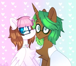 Size: 2262x1993 | Tagged: safe, artist:n in a, oc, oc only, alicorn, pony, unicorn, chest fluff, choker, clothes, glasses, heart, shirt, smiling, wide eyes