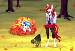 Size: 5306x3651 | Tagged: safe, artist:scarlet-spectrum, oc, oc only, oc:diamond sun, oc:hawker hurricane, pegasus, pony, anthro, unguligrade anthro, series:pet hawk, anthro with ponies, autumn, clothes, colt, commission, duo, eyeroll, female, hawkmond, leaves, male, mare, rake, skirt, smiling, tree, wings