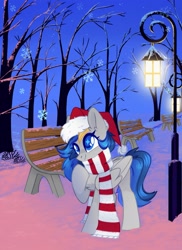 Size: 1491x2048 | Tagged: safe, artist:n in a, oc, oc only, pegasus, pony, bench, christmas, clothes, hat, holiday, lamp, santa hat, scarf, smiling, snow, snowflake, solo, streetlight, tree, winter