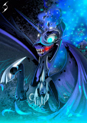 Size: 2059x2912 | Tagged: safe, artist:blackrunewarlock, nightmare moon, alicorn, pony, g4, blue eyes, blue mane, ethereal mane, evil, evil grin, eyelashes, fangs, female, grin, high res, hoof shoes, horn, magic, metal as fuck, night, nightmare fuel, open mouth, solo, starry mane, wings