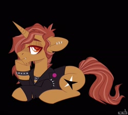 Size: 2048x1847 | Tagged: safe, artist:n in a, oc, oc only, pony, unicorn, clothes, ear piercing, earring, eyes back, frown, jacket, jewelry, lidded eyes, looking at you, lying down, piercing, prone, solo, spiked wristband, wristband