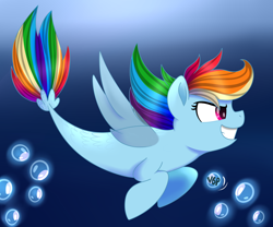 Size: 1200x1000 | Tagged: safe, artist:drashercrash, rainbow dash, pegasus, pony, seapony (g4), g4, bubble, crepuscular rays, female, fin wings, fish tail, flowing mane, flowing tail, grin, ocean, open mouth, pink eyes, seaponified, seapony rainbow dash, signature, smiling, solo, species swap, swimming, tail, teeth, underwater, water, wings