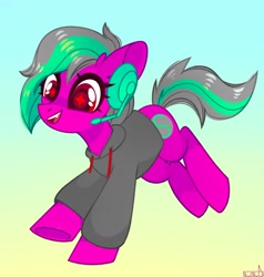 Size: 1725x1813 | Tagged: safe, artist:n in a, oc, oc only, earth pony, pony, clothes, fangs, happy, headset, hoodie, open mouth, smiling, solo