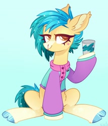 Size: 1932x2252 | Tagged: safe, artist:n in a, earth pony, pony, blood, clothes, cloven hooves, cup, jacket, lidded eyes, looking at you, nosebleed, smiling, solo, solo jazz, sparkles, varsity jacket