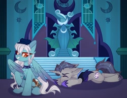 Size: 2048x1591 | Tagged: safe, artist:n in a, oc, oc only, oc:ice, oc:verlo streams, pegasus, pony, unicorn, alternate timeline, armor, cap, choker, eyes closed, grin, guard, hat, nightmare takeover timeline, smiling, spread wings, tail wrap, throne, throne room, wings