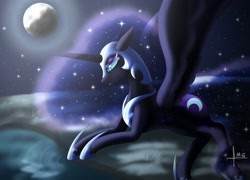 Size: 1671x1206 | Tagged: safe, artist:bluediamondoficial01, nightmare moon, alicorn, pony, g4, blue eyes, blue mane, colored pupils, ethereal mane, female, hoof shoes, horn, moon, moonlight, night, signature, sky, smiling, solo, spread wings, starry mane, stars, water, wings