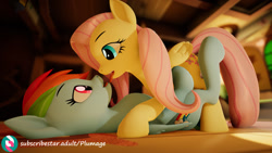 Size: 1920x1080 | Tagged: safe, artist:plumage, fluttershy, rainbow dash, pegasus, pony, g4, 3d, assertive fluttershy, belly to belly, cottage, duo, duo female, female, fluttershy's cottage, imminent kissing, lesbian, looking at each other, low angle, mane, not sfm, sexy, ship:flutterdash, shipping, tail, tongue out, unity, unity (game engine), wings