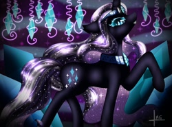 Size: 1380x1021 | Tagged: safe, artist:bluediamondoficial01, nightmare rarity, pony, unicorn, g4, blue eyes, crown, eyelashes, fangs, female, flowing mane, grin, jewelry, looking at you, necklace, purple mane, regalia, signature, smiling, solo, sparkles, stars