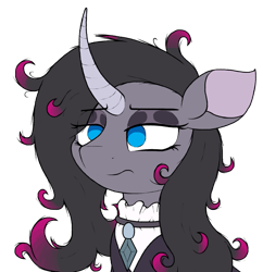 Size: 1024x1056 | Tagged: safe, artist:ljdamz1119, oleander (tfh), pony, unicorn, them's fightin' herds, clothes, clothes swap, community related, curved horn, digital art, eyeshadow, female, fluttergoth, frown, goth, horn, lidded eyes, makeup, mare, simple background, solo, transparent background