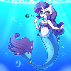 Size: 1450x1450 | Tagged: safe, artist:melliedraws, rarity, mermaid, unicorn, anthro, g4, belly button, blue mane, blushing, bra, bubble, clothes, female, fish tail, heart nostrils, looking at you, mermaid tail, mermaidized, mermarity, ocean, open mouth, seashell bra, solo, species swap, sunlight, tail, underwater, water