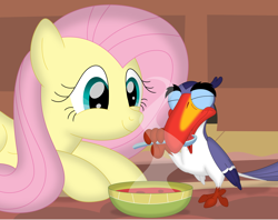 Size: 3548x2811 | Tagged: safe, artist:porygon2z, fluttershy, bird, hornbill, pegasus, pony, g4, bowl, crossover, disney, duo, eyes closed, female, food, high res, lying down, male, mare, prone, smiling, soup, spoon, the lion king, zazu