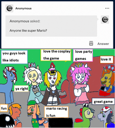 Size: 1106x1229 | Tagged: safe, artist:ask-luciavampire, oc, chain chomp, earth pony, pegasus, pony, unicorn, vampire, yoshi, ask ponys gamer club, ask, bowsette, clothes, cosplay, costume, crossover, crown, jewelry, luigi, male, mario, princess peach, princess rosalina, regalia, rosalina, super crown, super mario bros., toad (mario bros), toadette, tumblr