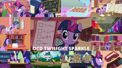 Size: 1280x721 | Tagged: safe, edit, edited screencap, editor:quoterific, screencap, berry punch, berryshine, carrot top, cherry berry, cup cake, golden harvest, spike, twilight sparkle, twinkleshine, alicorn, dragon, pony, unicorn, friendship is magic, g4, it's about time, lesson zero, school daze, season 1, season 2, season 3, season 5, season 6, season 8, season 9, secret of my excess, shadow play, spike at your service, swarm of the century, testing testing 1-2-3, the crystal empire, the crystalling, the hooffields and mccolts, the saddle row review, uprooted, winter wrap up, book, chalkboard, clipboard, golden oaks library, inkwell, ocd, quill, saddle, tack, twilight sparkle (alicorn), twilight's castle, unicorn twilight, welcome princess celest