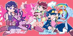 Size: 850x425 | Tagged: safe, artist:mikannu, pinkie pie, rainbow dash, twilight sparkle, alicorn, human, pony, g4, book, cutie mark, engrish, female, grammar error, human male, jojo's bizarre adventure, jonathan joestar, joseph joestar, jotaro kujo, male, mare, misspelling, twilight sparkle (alicorn)