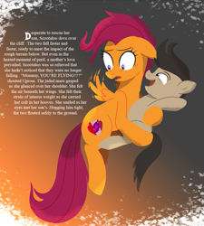 Size: 857x953 | Tagged: source needed, useless source url, safe, artist:bearmation, scootaloo, oc, oc:uproar, earth pony, pegasus, pony, g4, colt, duo, earth pony oc, female, flapping, flying, male, mare, mother and child, mother and son, offspring, older, older scootaloo, parent:scootaloo, scootaloo can fly, short story, small wings, son, text, wings