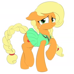 Size: 1753x1777 | Tagged: safe, artist:ponerino, applejack, earth pony, pony, g4, alternate hairstyle, braid, braided tail, clothes, colored, cute, digital, dress, female, flat colors, freckles, jackabetes, lifted leg, looking at you, mare, skirt, smiling, smiling at you, solo