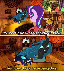 Size: 1430x1601 | Tagged: safe, queen chrysalis, starlight glimmer, changeling, changeling queen, pony, unicorn, g4, angry, changeling guard, changeling soldier, chrysalis sure does hate starlight, female, male, mare, meme