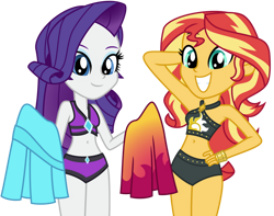 Size: 1024x807 | Tagged: safe, artist:emeraldblast63, rarity, sunset shimmer, equestria girls, equestria girls specials, g4, my little pony equestria girls: better together, my little pony equestria girls: forgotten friendship, arm behind head, armpits, beautiful, belly button, bikini, bikini bottom, clothes, cute, duo, duo female, female, jeweled swimsuit, legs together, midriff, raribetes, rarity's beach shorts swimsuit, rarity's blue sarong, rarity's purple bikini, sarong, shimmerbetes, simple background, sleeveless, sunset shimmer's beach shorts swimsuit, swimsuit, transparent background, vector