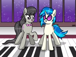 Size: 2315x1736 | Tagged: safe, artist:banquo0, dj pon-3, octavia melody, vinyl scratch, earth pony, pony, unicorn, g4, big (movie), bowtie, dancing, duo, duo female, female, high res, keyboard, mare, musical instrument, piano, sunglasses