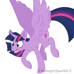 Size: 1080x1080 | Tagged: safe, artist:t.w.magicsparkel.9, twilight sparkle, alicorn, pony, g4, eyelashes, female, flying, horn, looking down, mare, open mouth, simple background, solo, twilight sparkle (alicorn), white background, wings