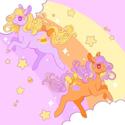 Size: 1440x1440 | Tagged: safe, artist:kirakiracalico, abra-ca-dabra, pumpkin tart, earth pony, pony, g3, bow, candy, candy corn, cloud, duo, food, smiling, starry eyes, stars, tail bow, wingding eyes