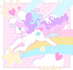 Size: 2437x2328 | Tagged: safe, artist:kirakiracalico, precious gem, earth pony, pony, g3, bow, cloud, female, heart, heart eyes, high res, kidcore, mare, rainbow, simple background, solo, stars, tail bow, transparent background, wingding eyes