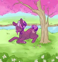 Size: 5400x5760 | Tagged: safe, artist:kirakiracalico, cherry blossom (g3), earth pony, pony, g3, cherry blossoms, female, flower, flower blossom, flower in hair, grass, lying down, mare, one eye closed, outdoors, prone, river, solo, tail bun, tree, wink