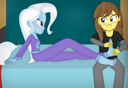 Size: 1600x1102 | Tagged: safe, artist:grapefruit-face, trixie, oc, oc:grapefruit face, human, equestria girls, g4, barefoot, blushing, canon x oc, clothes, feet, female, fetish, foot fetish, foot massage, grapexie, grin, looking at each other, male, pajamas, shipping, show accurate, smiling, smiling at each other, straight