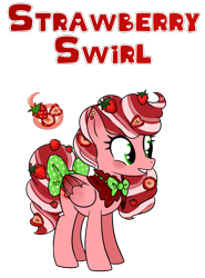 Size: 1479x2001 | Tagged: safe, artist:smilesupsidedown, oc, oc only, food pony, pegasus, pony, bow, bowtie, eyelashes, female, food, mare, pegasus oc, ponified, simple background, smiling, strawberry, tail bow, transparent background, wings
