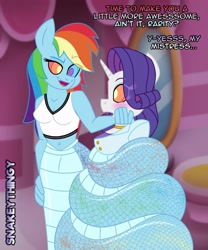 Size: 2500x3000 | Tagged: safe, artist:snakeythingy, rainbow dash, rarity, lamia, original species, anthro, g4, breasts, coiling, coils, commission, dialogue, high res, hypno dash, hypno eyes, hypnority, hypnosis, hypnotized, kaa eyes, lamiafied, looking at each other, mind control, rainbow coils, species swap, story included, swirly eyes